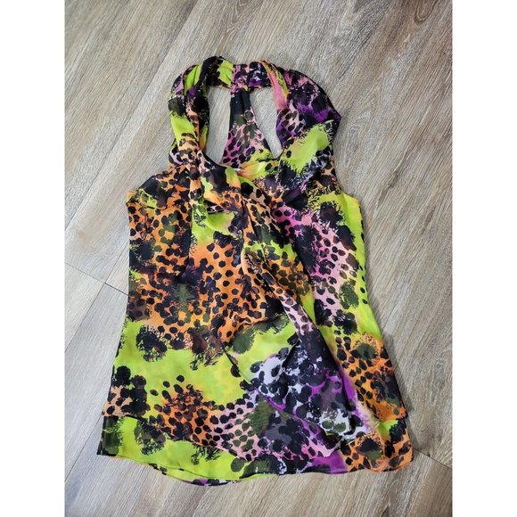 Diane von Furstenberg Womens Sz 2 Top Sheer Halter Neon Leopard Print Sleeveless - Picture 1 of 7